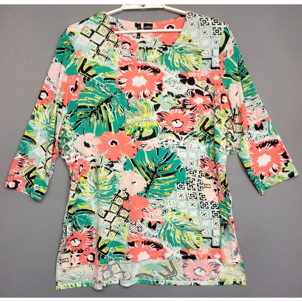 ND New Direction Floral Top Womens XL Bright Lace-Up Side High Low 3/4 Sleeves - Picture 12 of 12